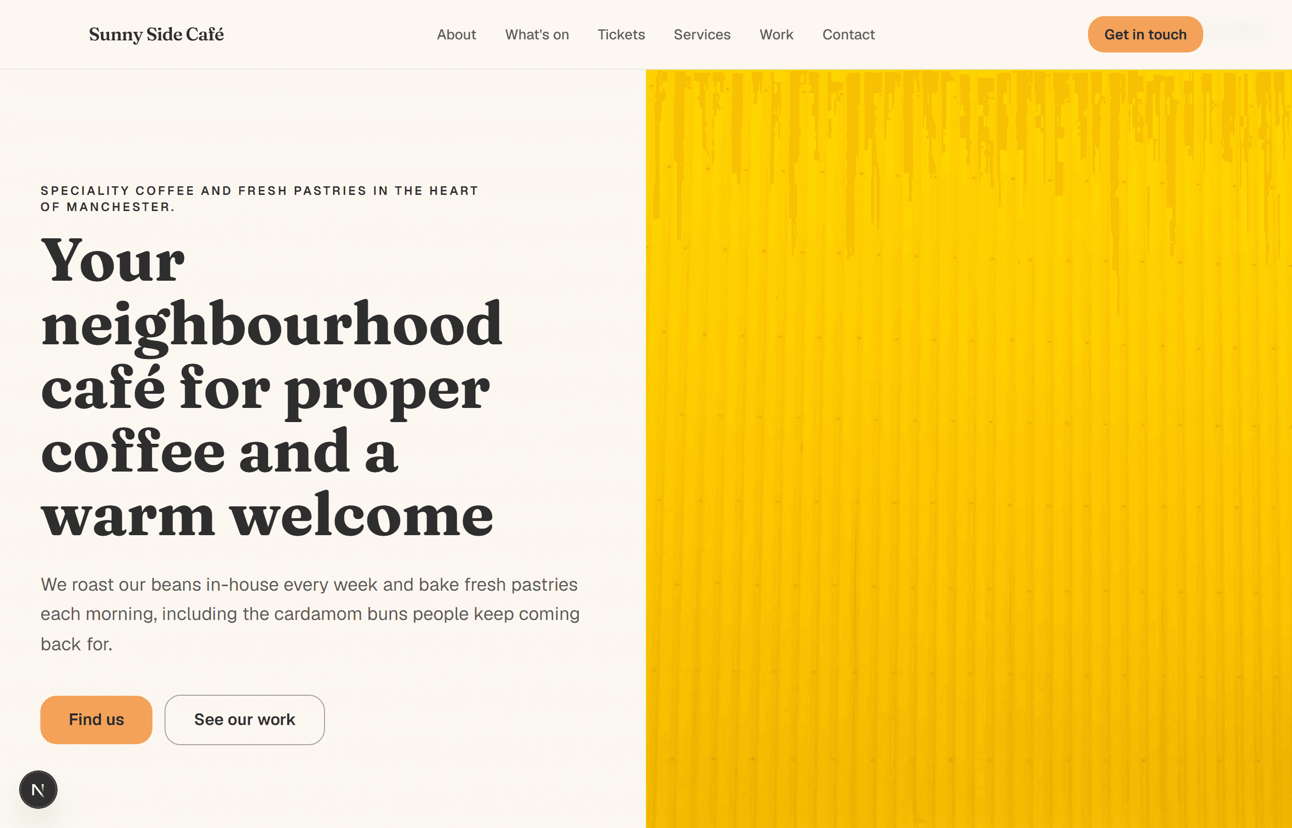 A café website MaxMyMarket built — a warm split-hero homepage set in the business's own colours and type.
